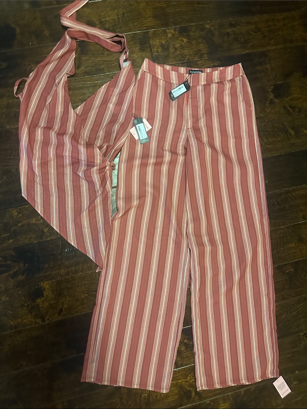 PrettyLittleThing Rust and Cream Striped Wide-Leg Pants with Matching Halter Top